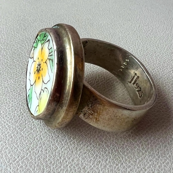 VINTAGE DESIGNER J.LEE JESSICA LEE 925SS CERAMIC FLOWER PAINTING RING HALLMARKED - Picture 6 of 16